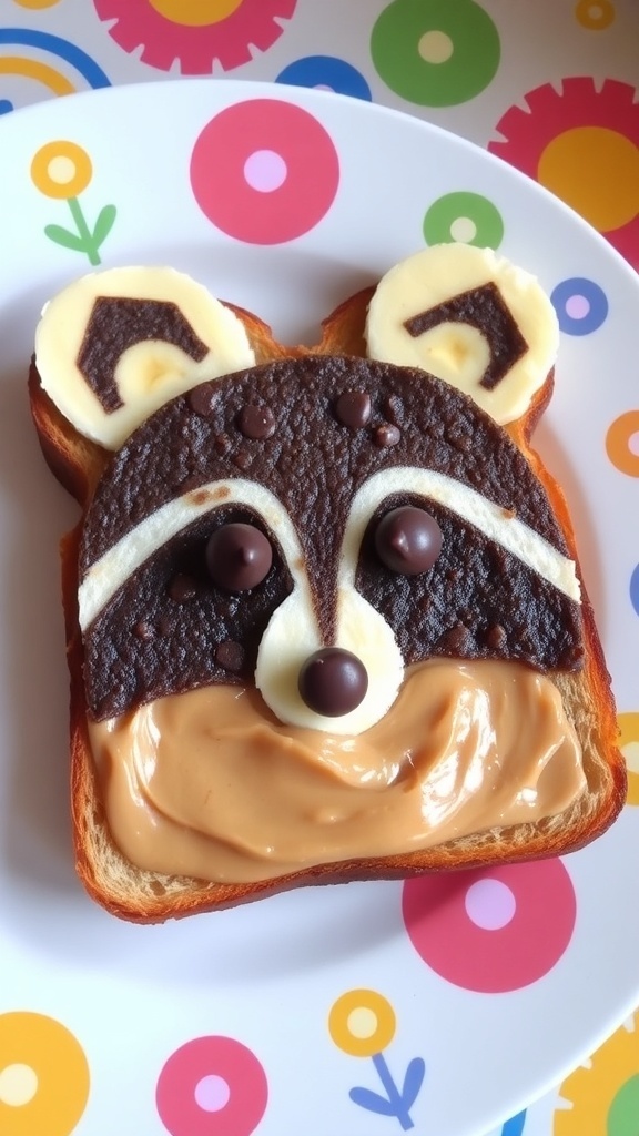 Raccoon-themed toast with nut butter, banana ears, and chocolate chip eyes on a colorful plate.